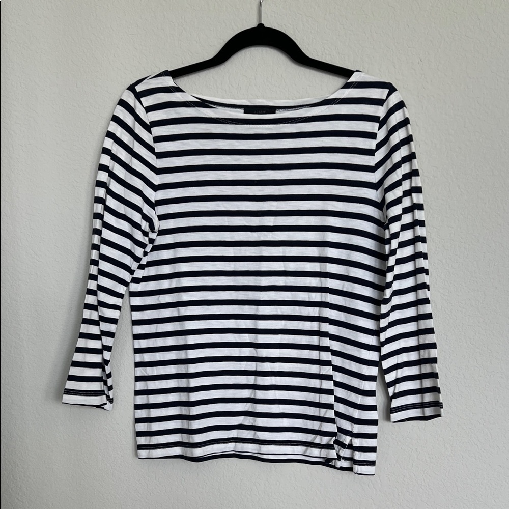 J. Crew Navy Blue White Striped Wide Neck 3/4 Length Sleeve Shirt